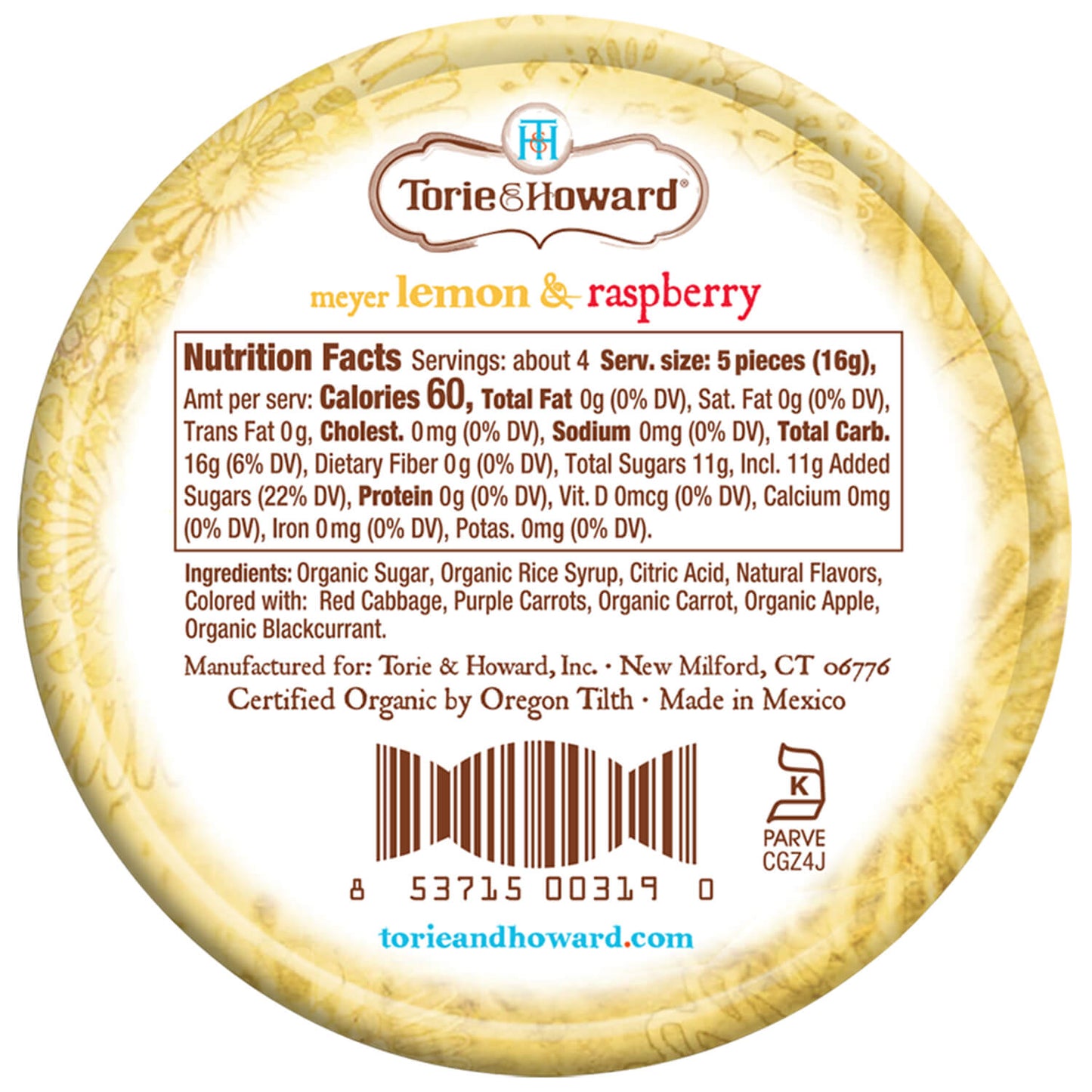 Wholesale Torie & Howard Meyer Lemon and Raspberry Organic Hard Candy 2oz Tins (8ct Box)- Bulk