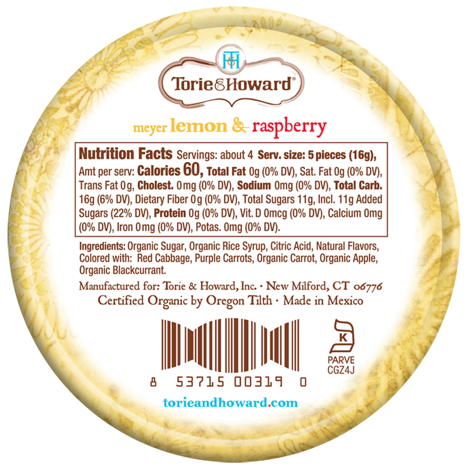 Wholesale Torie & Howard Meyer Lemon and Raspberry Organic Hard Candy 2oz Tins (8ct Box)- Bulk