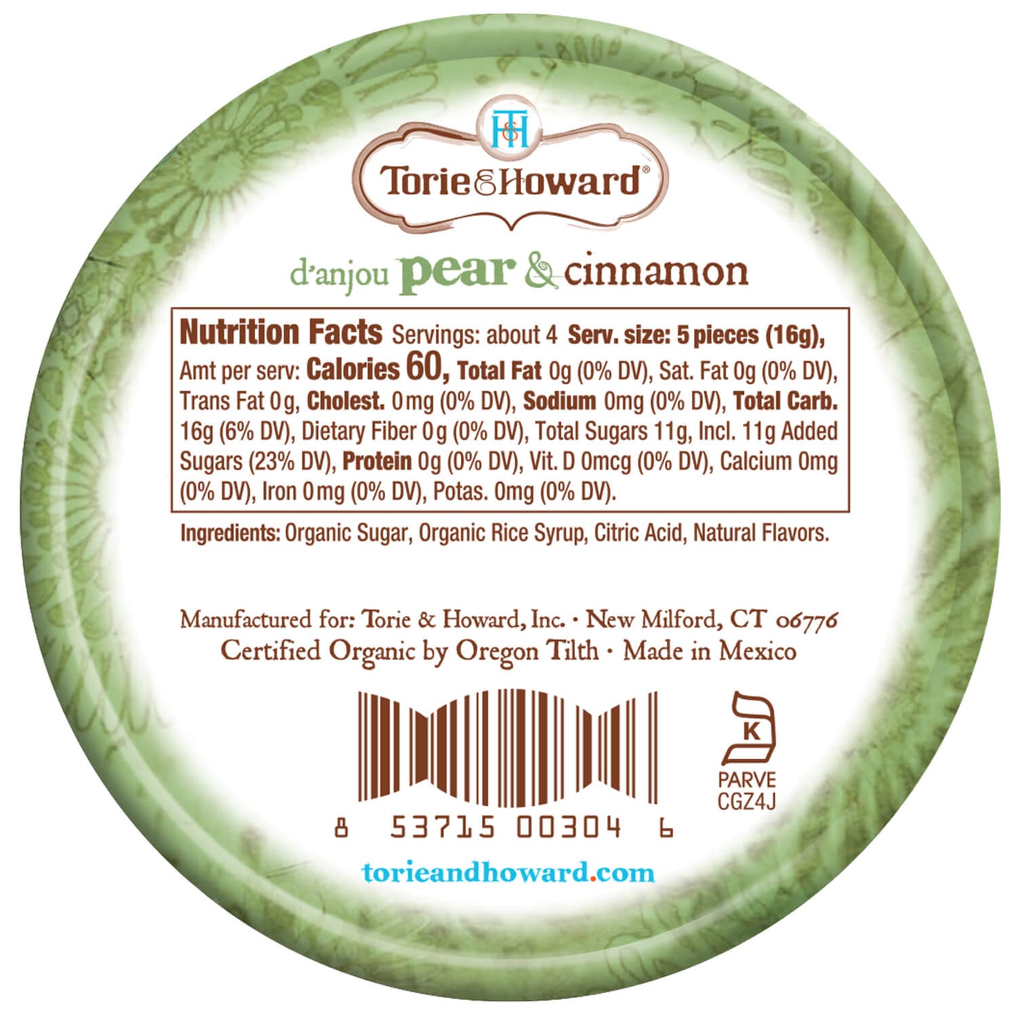 Wholesale Torie & Howard Pear and Cinnamon Organic Hard Candy 2oz Tins (8ct Box)- Bulk