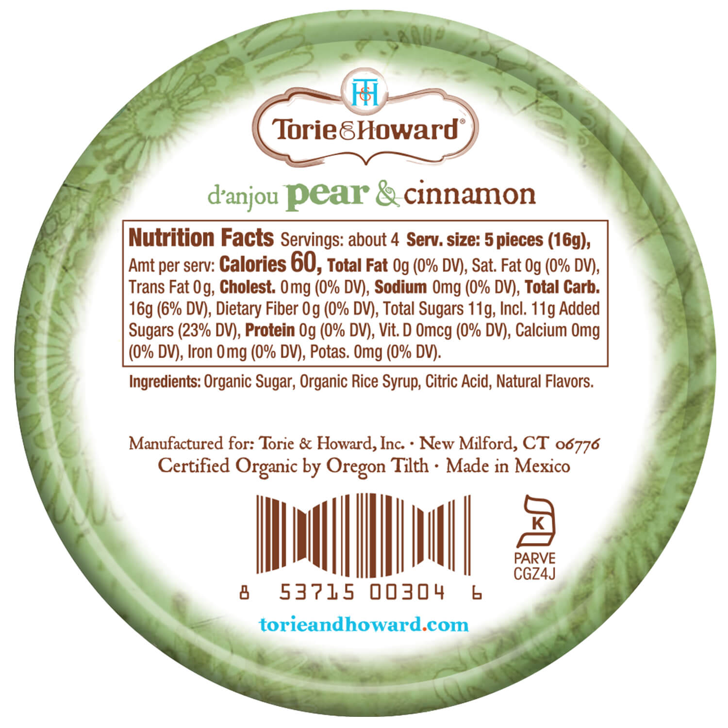 Wholesale Torie & Howard Pear and Cinnamon Organic Hard Candy 2oz Tins (8ct Box)- Bulk