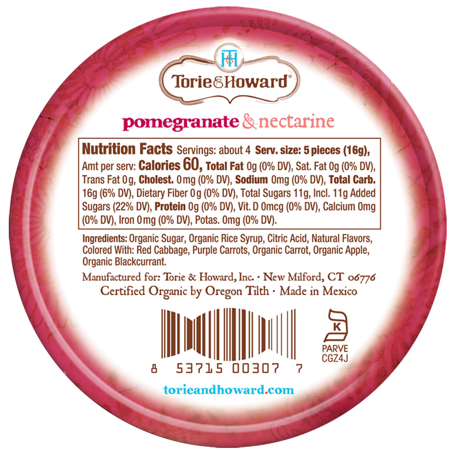 Torie & Howard Pomegranate & Nectarine Organic Hard Candy 2oz Tins (8ct Box)