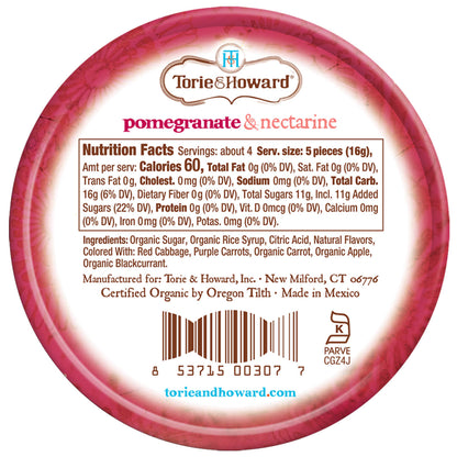 Wholesale Torie & Howard Pomegranate & Nectarine Organic Hard Candy 2oz Tins (8ct Box)- Bulk