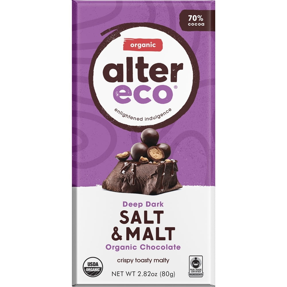 Alter Eco Chocolate Deep Dark Salt & Malt 2.82 Oz Bar