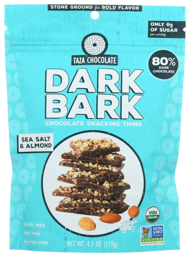 Taza Chocolate Dark Bark Chocolate Snacking Thins Sea Salt & Almond 4.2 Oz