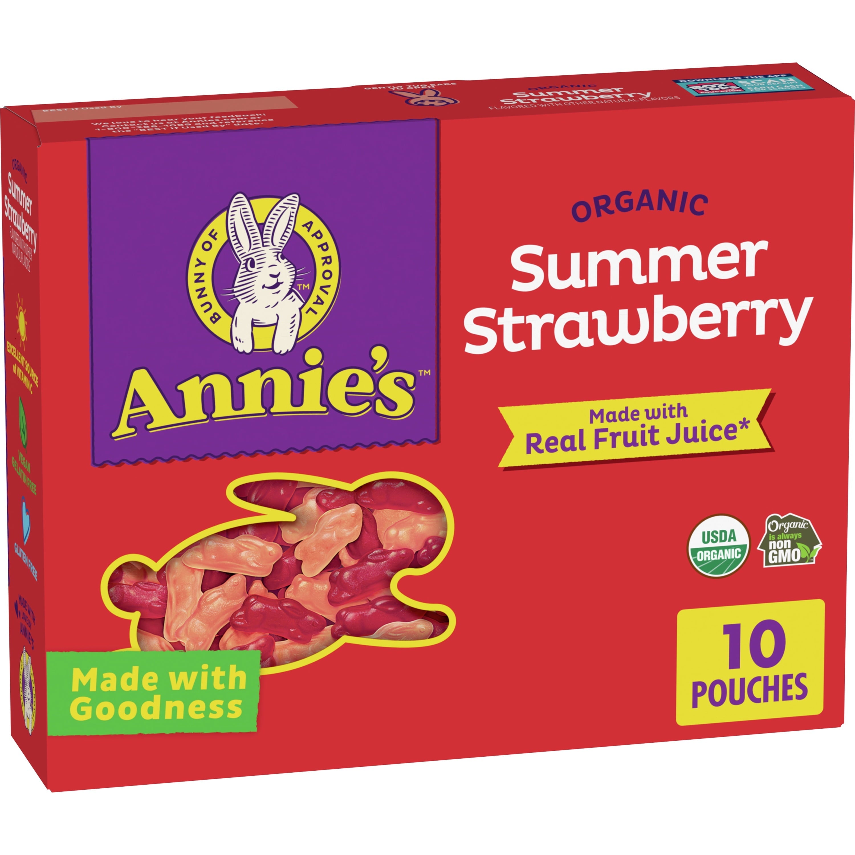 Annie's Homegrown Organic Summer Strawberry Bunny Fruit Flavored Snacks 10 Pouches Box