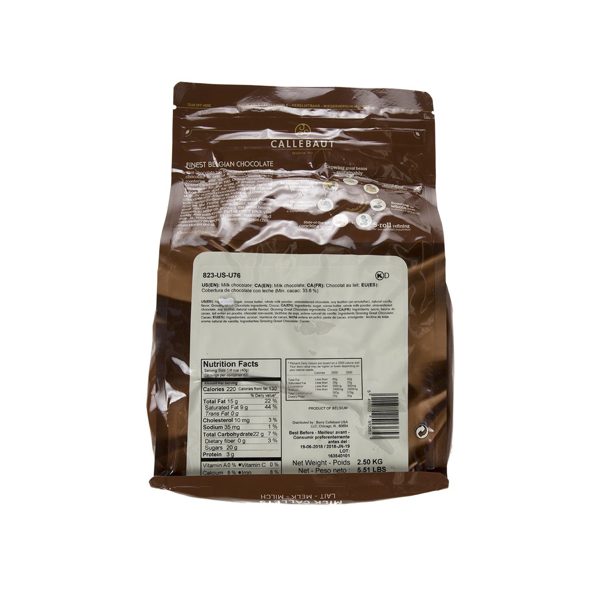 Wholesale Barry Callebaut 33.6% Milk Chocolate Couvertures Recipe 823 2.5 Kg Bag- Bulk