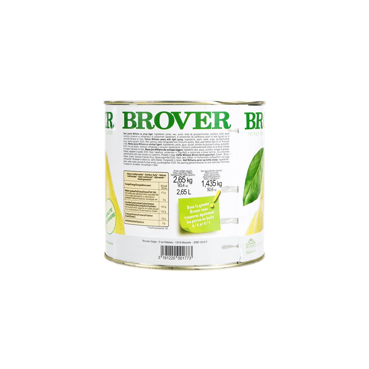 Wholesale Brover William Yellow Pear Halves Can-6 LB Bulk