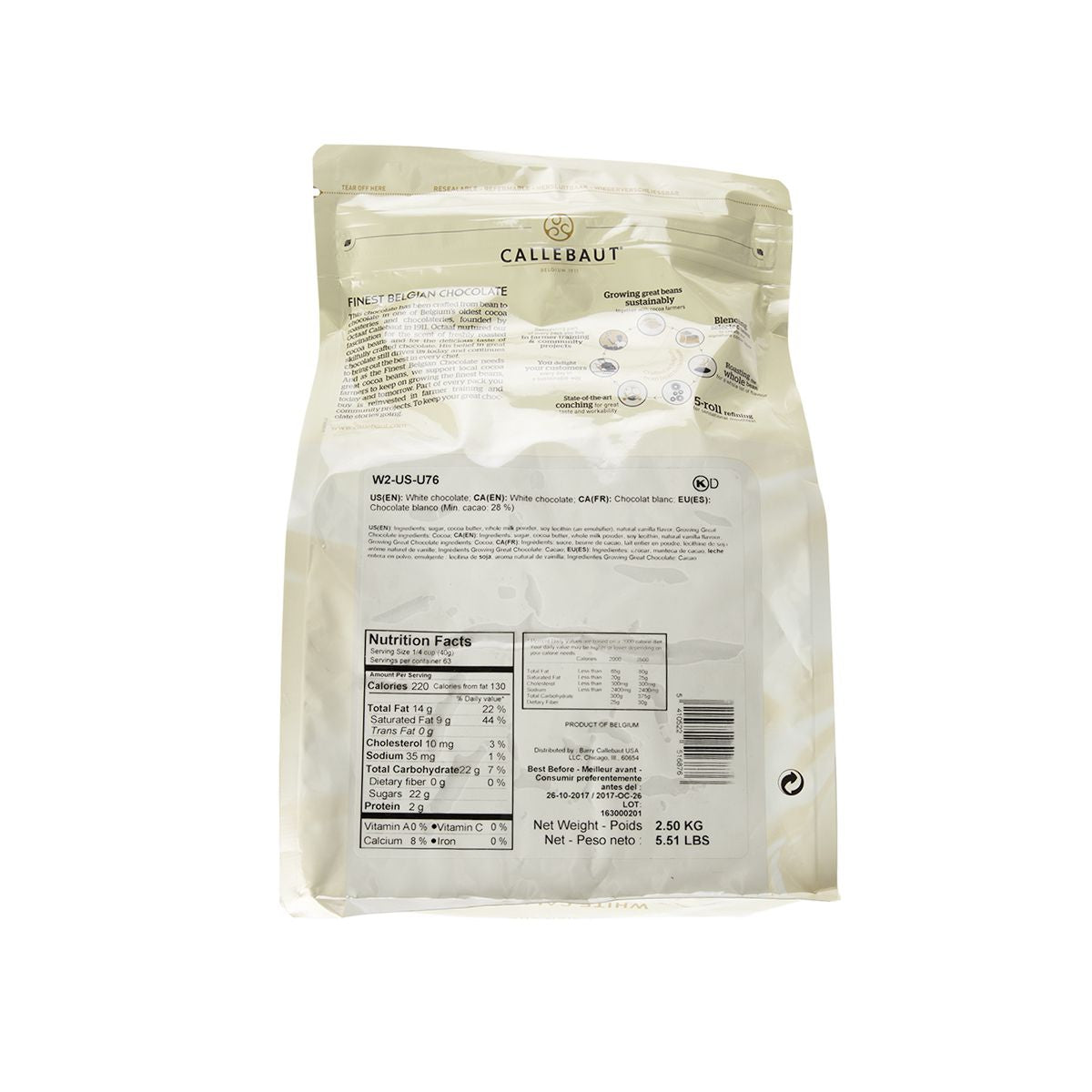 Wholesale Barry Callebaut 28.1% White Chocolate Couvertures 2.5 Kg Bag- Bulk