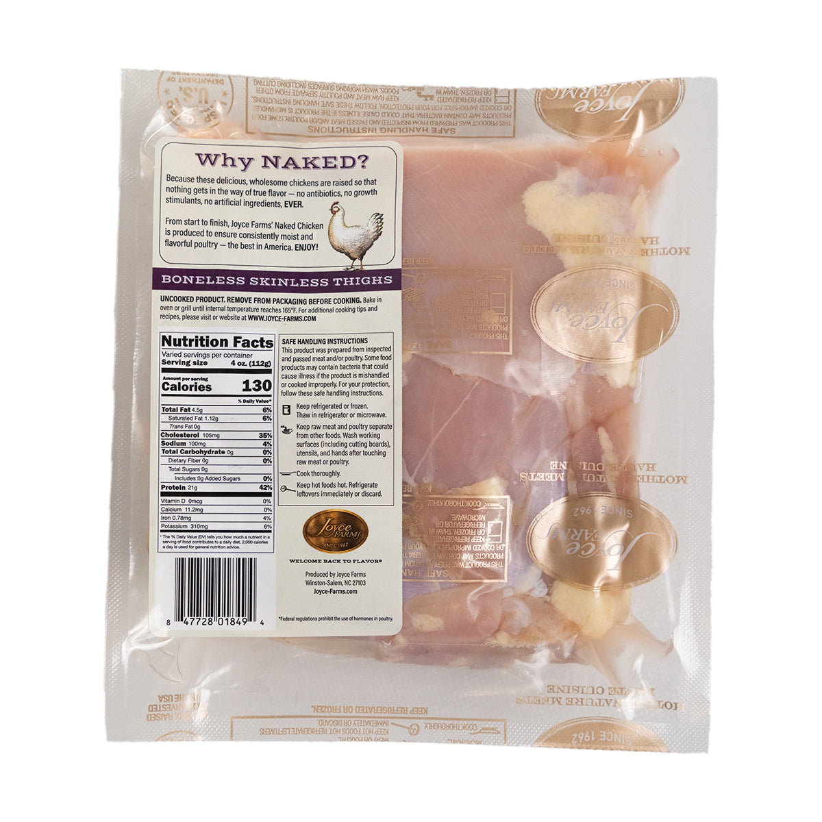 Wholesale Joyce Farms Naked Boneless Skinless Chicken Thighs-8 LB Bulk