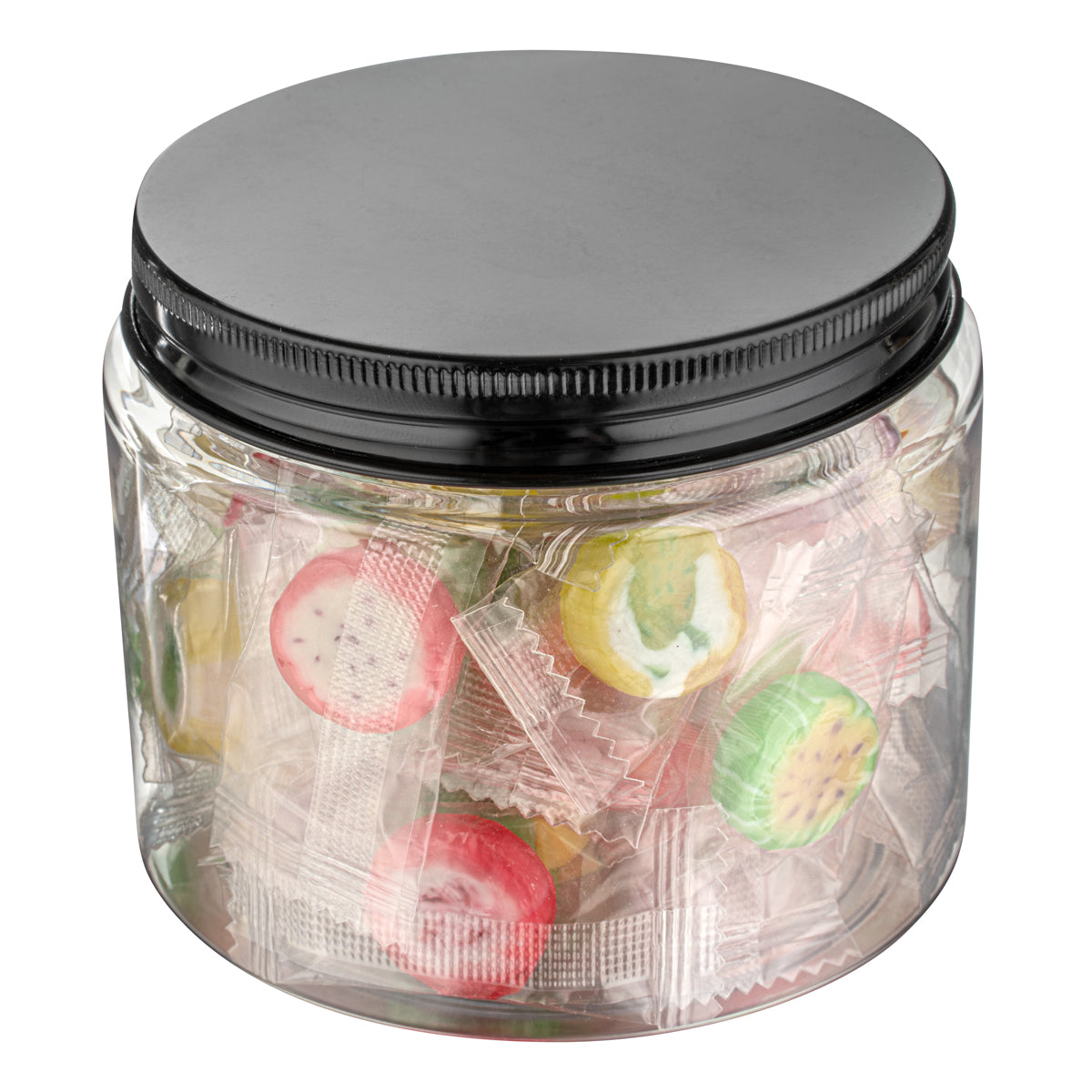 Restaurantware 16 oz Round Clear Plastic Jar with Black Aluminum Lid 10 CT