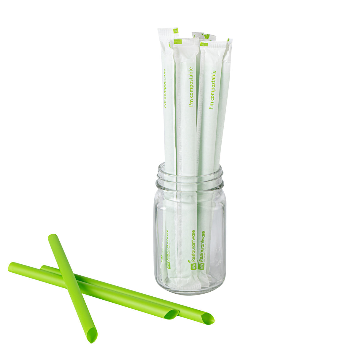 Restaurantware Green PLA Plastic / PBAT Plastic Boba Straw, Wrapped - 9in 100 CT