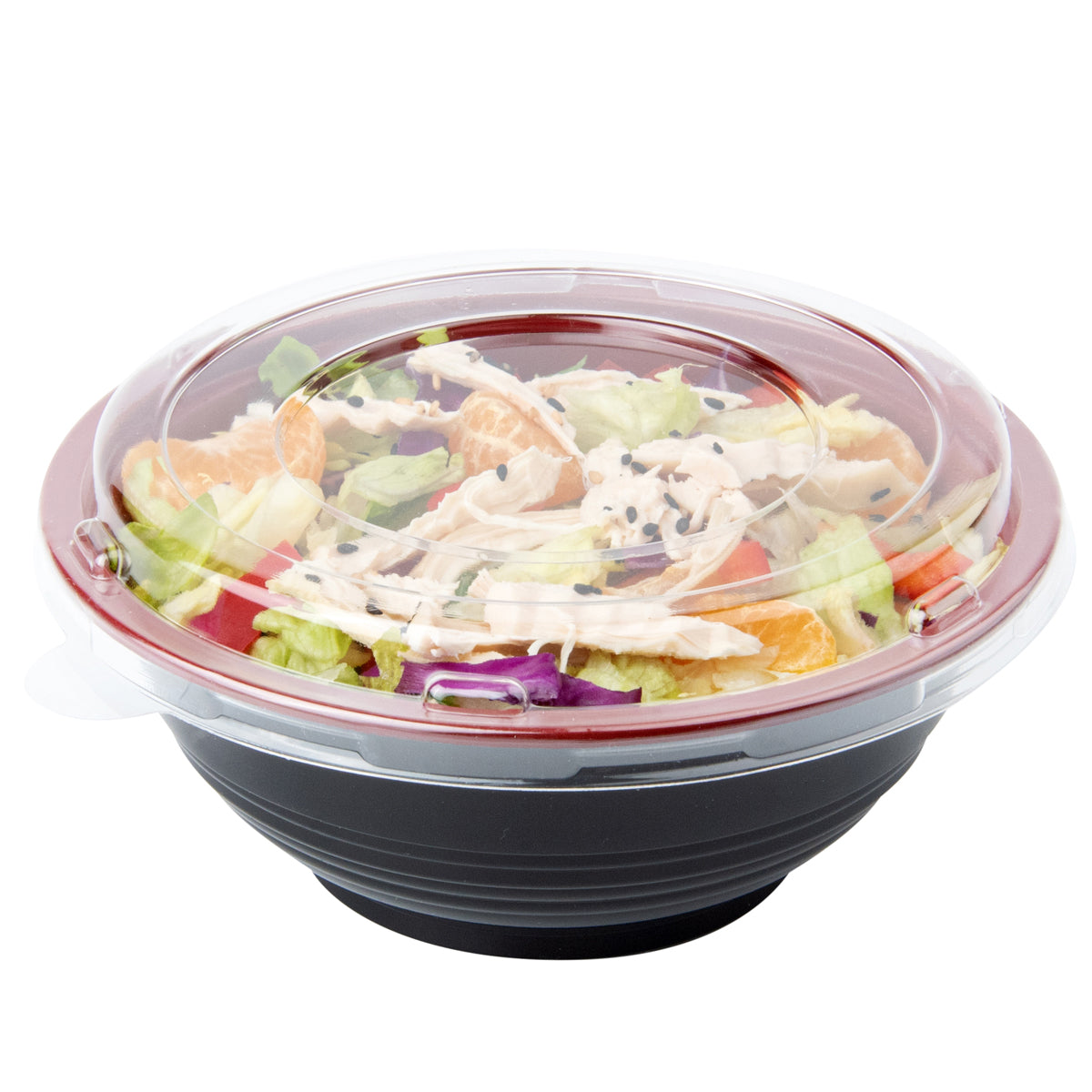 Restaurantware 18 oz Round Black & Red Plastic Small Bowl with Clear Lid 25 CT