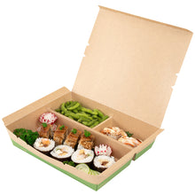 Wholesale Restaurantware 78 oz Rectangle Kraft & Green Paper Bento Box, 3-Compartment- Bulk