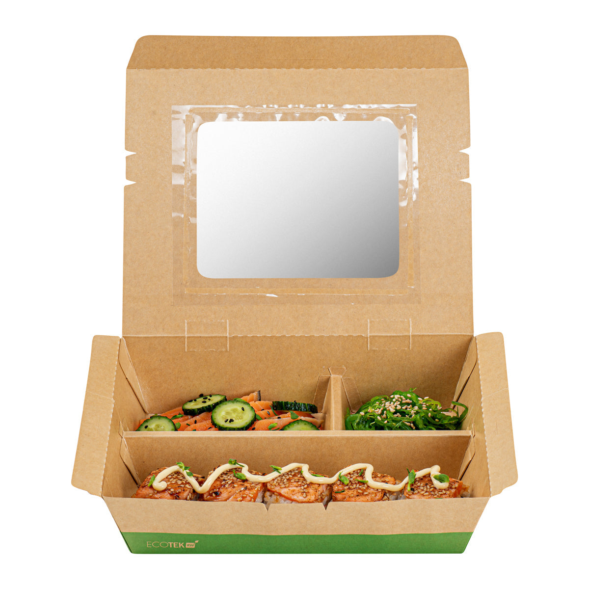 Wholesale Restaurantware 51 oz Kraft & Green Paper Bento Box - 3-Compartment-100 CT Bulk