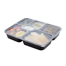 Wholesale Restaurantware 53 oz Black Plastic 6 Compartment Food Container, Clear Lid 50 CT- Bulk
