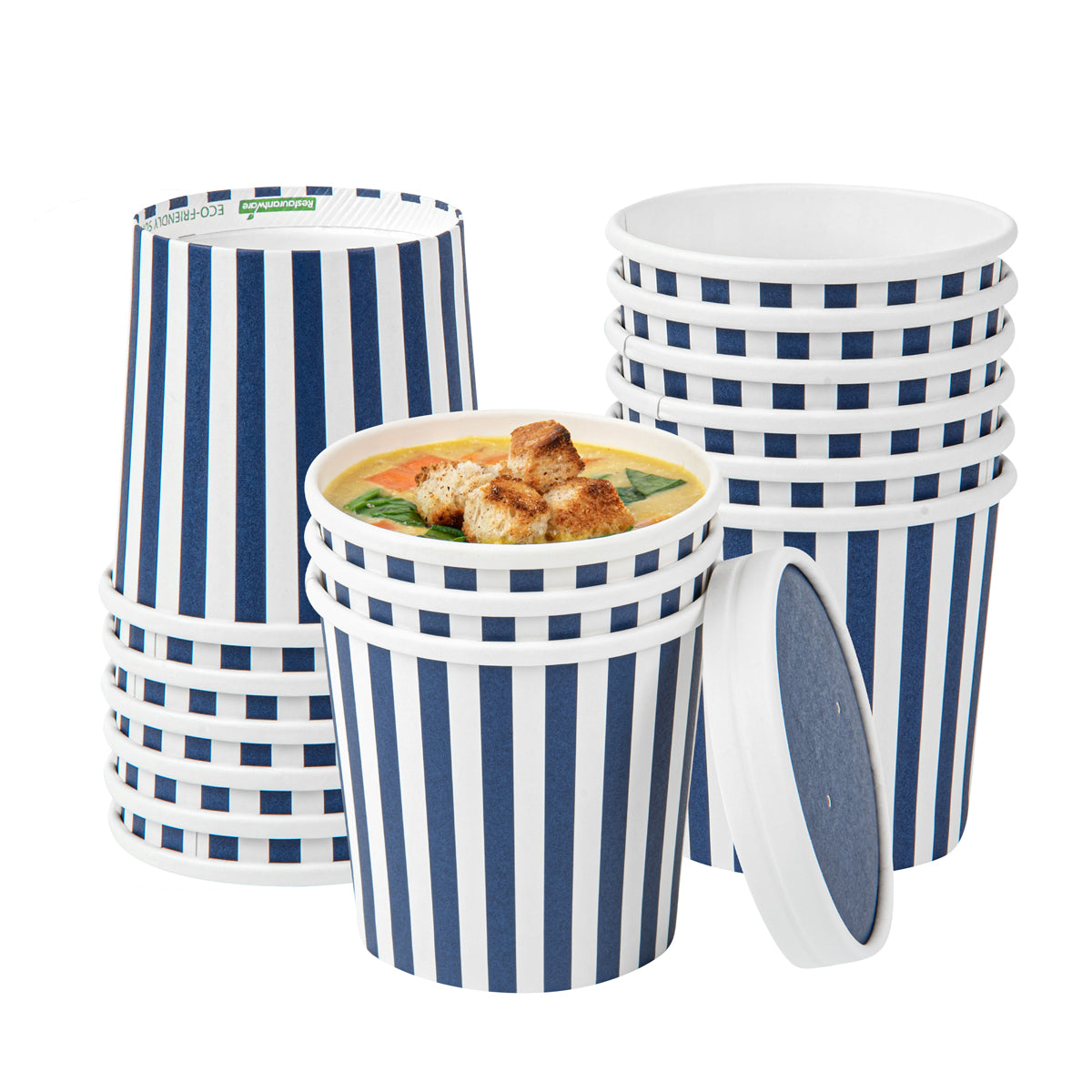 Restaurantware 12 oz Round Blue & White Stripe Paper Soup Container 25 CT