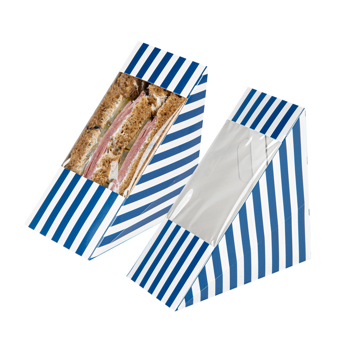 Wholesale Restaurantware Triangle Blue & White Stripe Paper Medium Sandwich Box 25 CT- Bulk