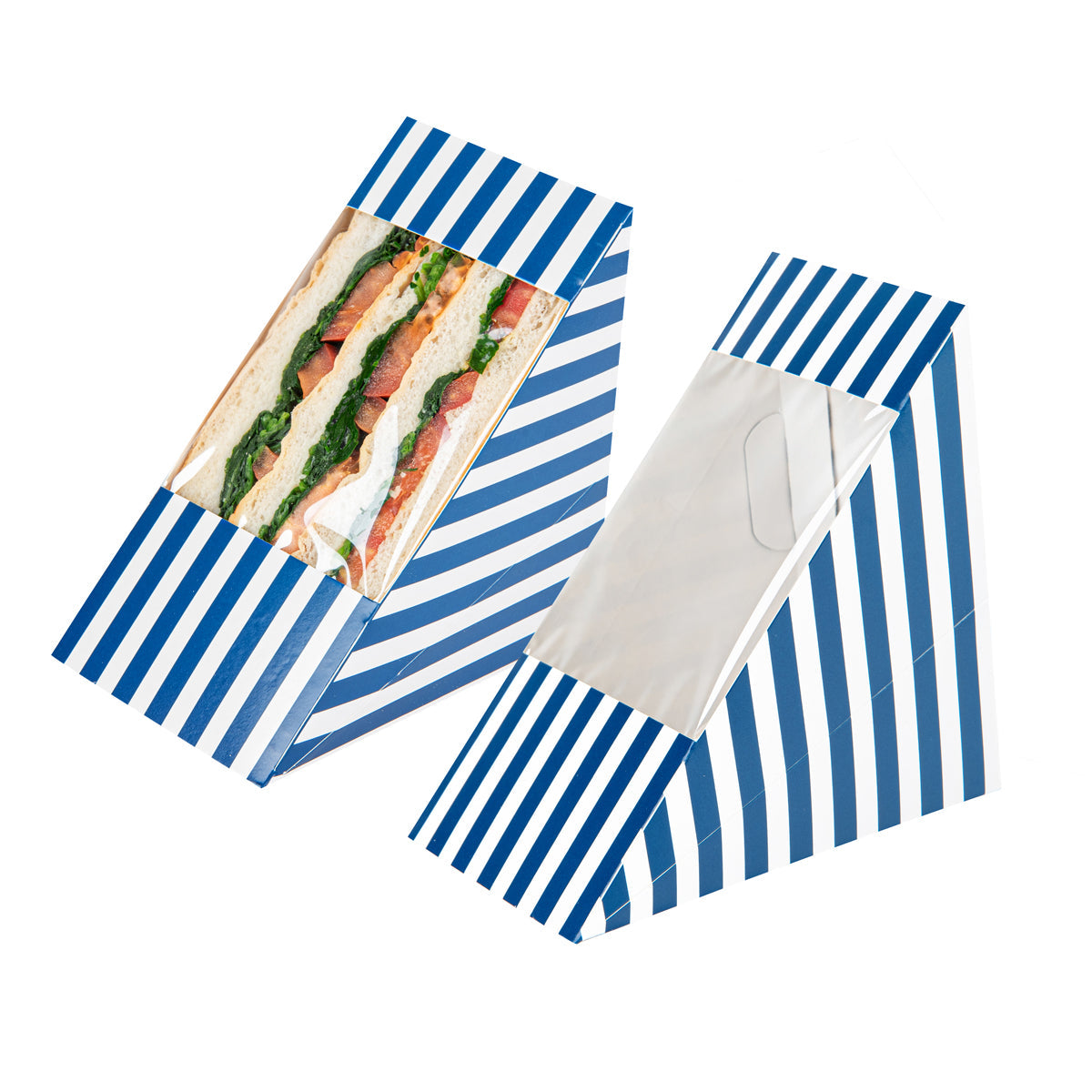 Restaurantware Triangle Blue & White Stripe Paper Large Sandwich Box 25 CT