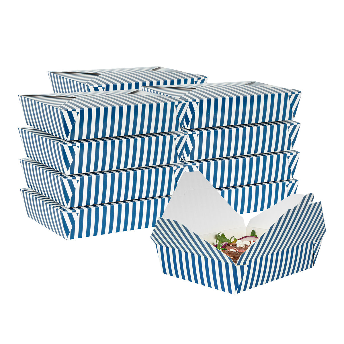 Wholesale Restaurantware 49 oz Rectangle Blue & White Stripe #2 Take Out Container 50 CT-4ct Case Bulk