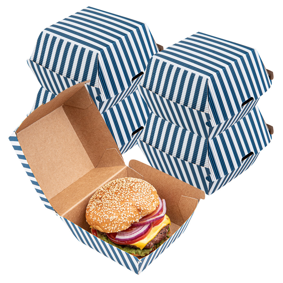 Wholesale Restaurantware Blue & White Stripe Paper Burger Box - Ripple Wall- Bulk