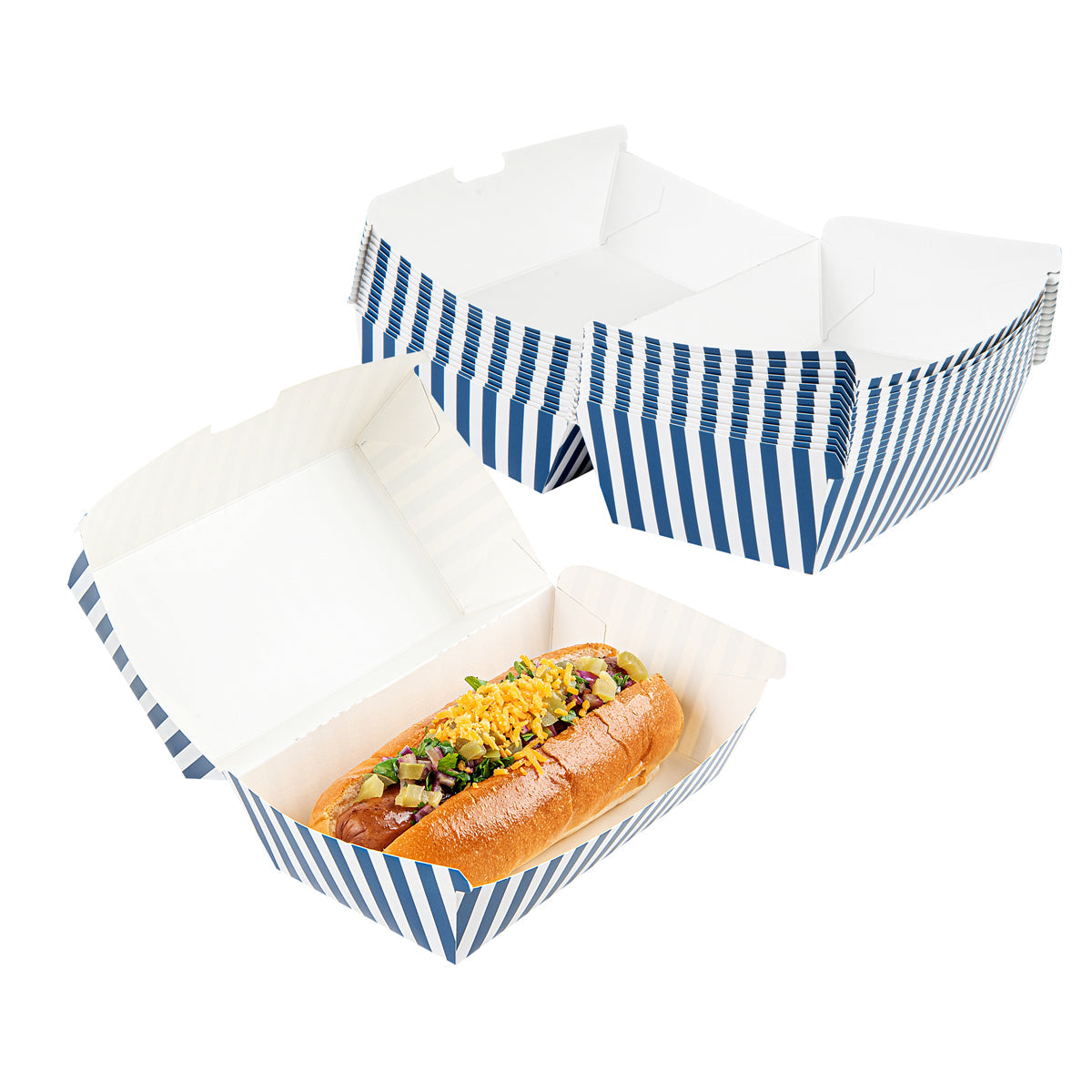 Wholesale Restaurantware Rectangle Blue & White Stripe Paper Clamshell Container- Bulk