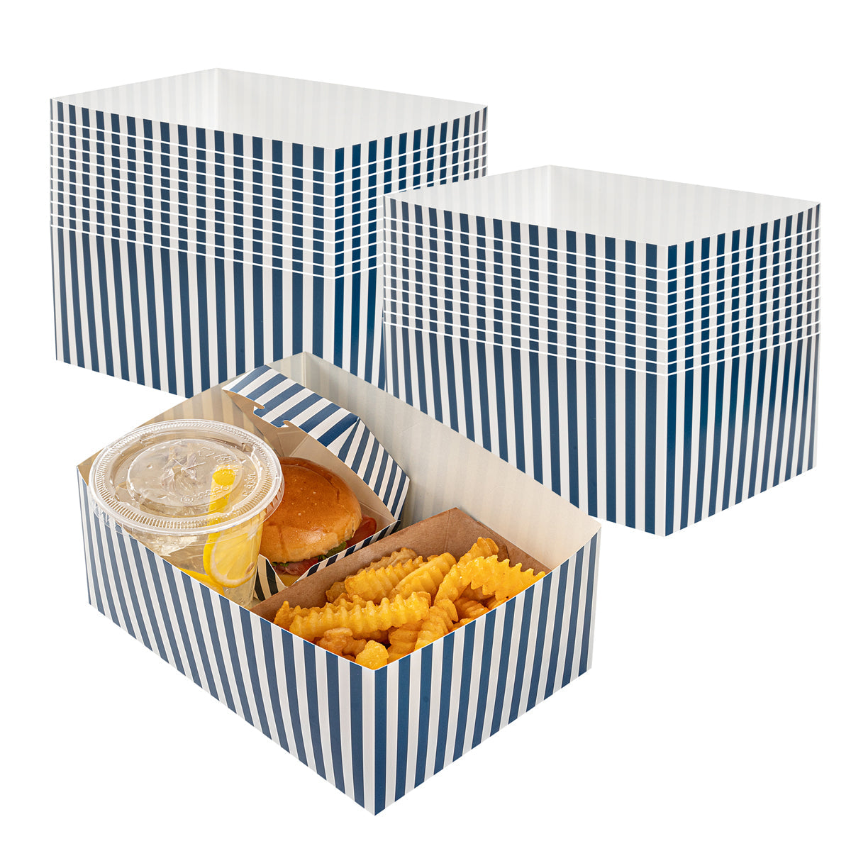 Wholesale Restaurantware Rectangle Blue & White Stripe Paper Sandwich Open Tray-100 CT Bulk