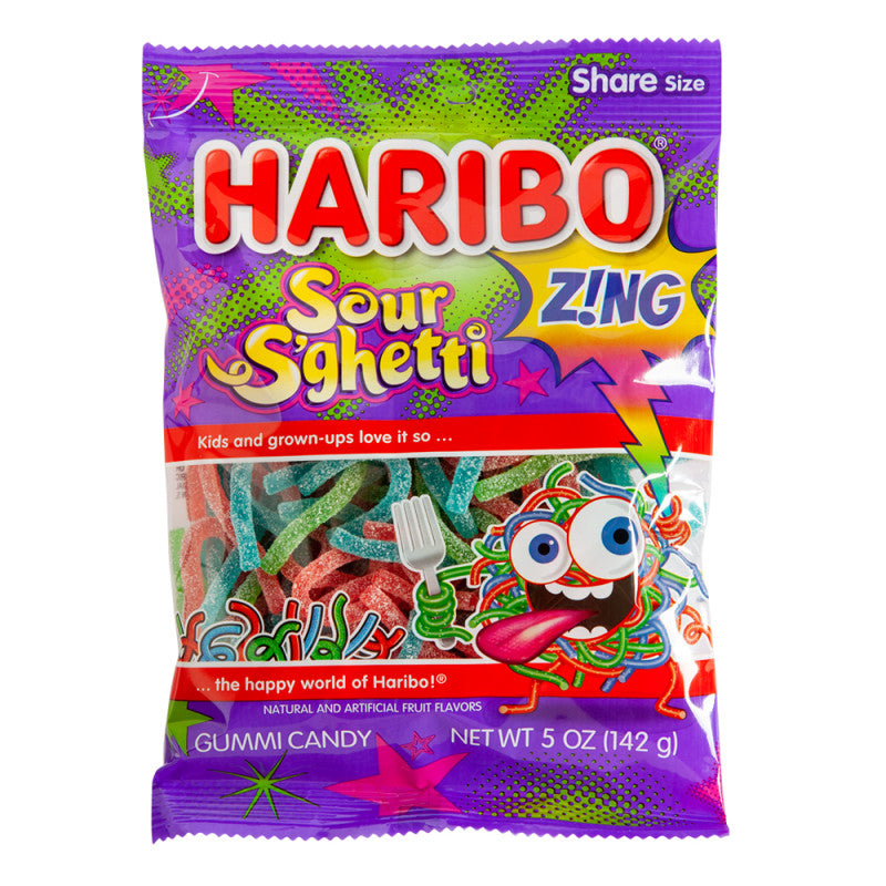 Wholesale Haribo Sour S'Ghetti Gummi Candy 5 Oz Peg Bag- Bulk