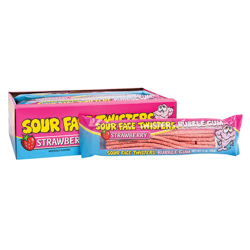 Wholesale Sour Face Twisters Strawberry Bubble Gum 2 Oz Bulk
