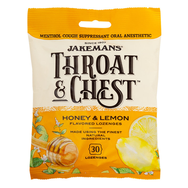 Wholesale Jakemans Throat & Chest Honey Lemon Cough Drops 30 Pc 4 Oz Peg Bag- Bulk