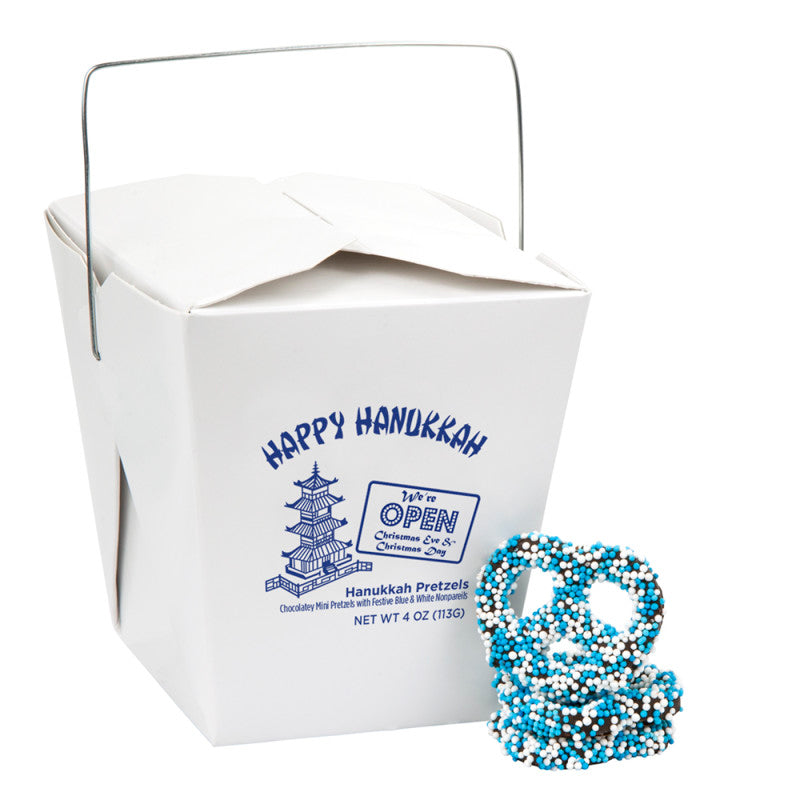 Wholesale Clever Candy Happy Hanukkah Mini Nonpareil Pretzels 4 Oz Chinese Take Out Container - 12ct Case Bulk