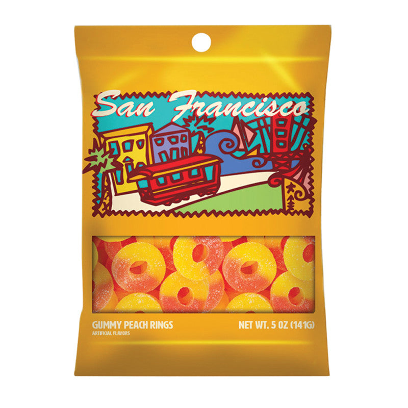 Wholesale Amusemints San Francisco Gummy Peach Rings 5 Oz Peg Bag *Sf Dc Only* Bulk