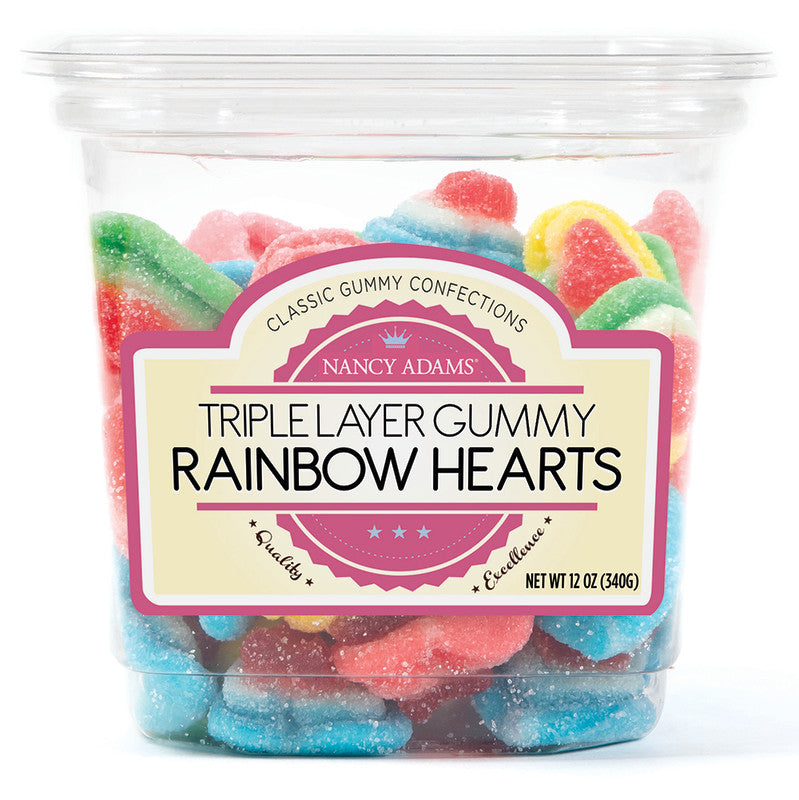 Wholesale Nancy Adams Triple Layer Gummy Rainbow Hearts 12 Oz Tub Bulk