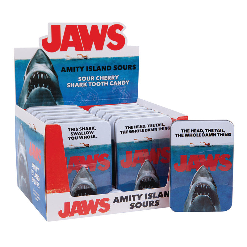 Jaws Amity Island Sours Shark Tooth Candy 1.2 Oz Tin BoxNCase