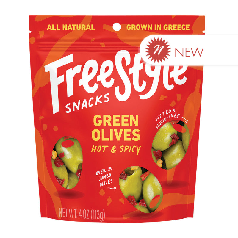Wholesale Freestyle Snacks Hot & Spicy Green Olives 4 Oz Pouch Bulk
