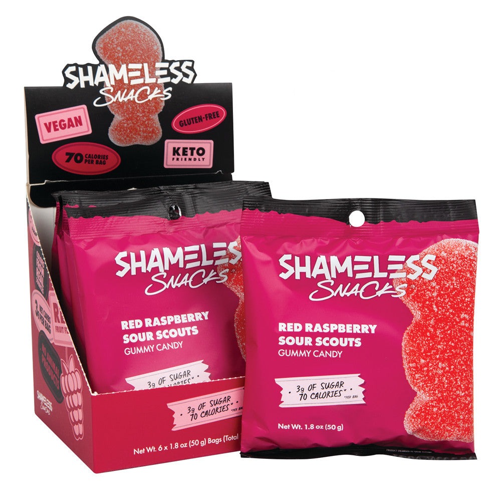 Wholesale Shameless Snacks Red Raspberry Sour Scouts Gummy Candy 1.08 Oz Bag Bulk