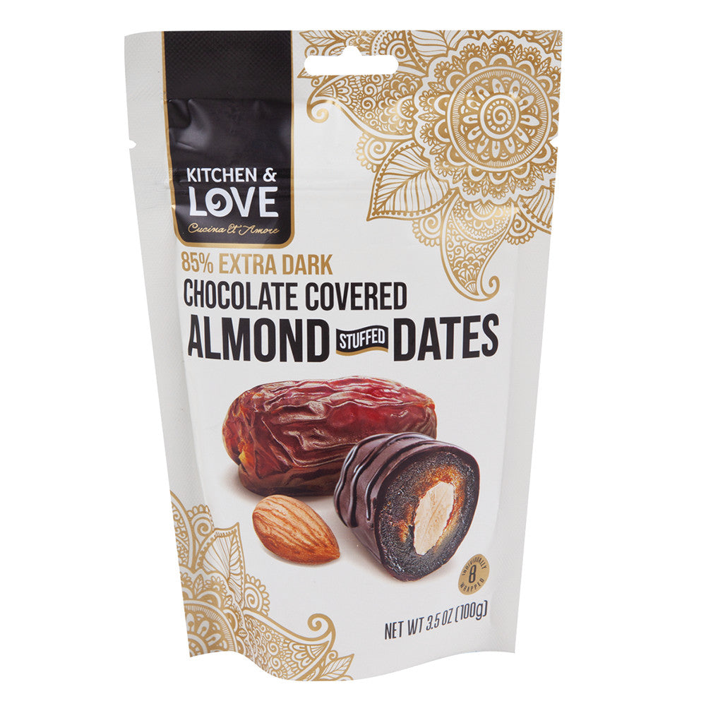 Kitchen & Love 85% Dark Chocolate Covered Almond Stuffed Dates 3.5 Oz Pouch