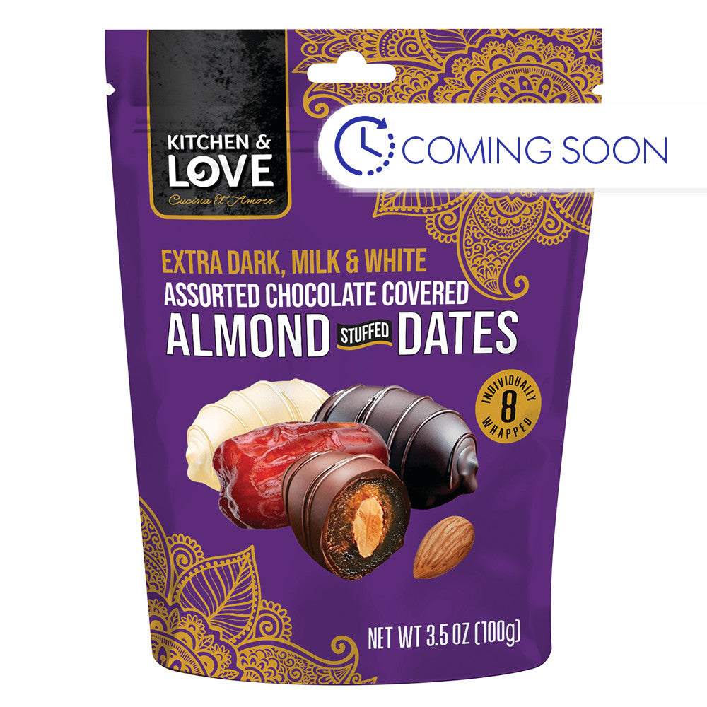 Wholesale Kitchen & Love Assorted Chocolate Almond Stuffed Dates 3.5 Oz Pouch Bulk