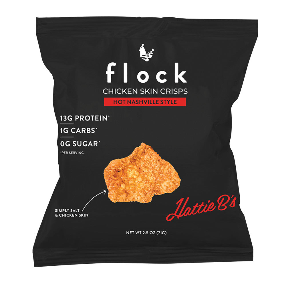 Wholesale Flock Chicken Skin Crisps Hot Nashville Style 2.5 Oz Bag-8ct Case Bulk