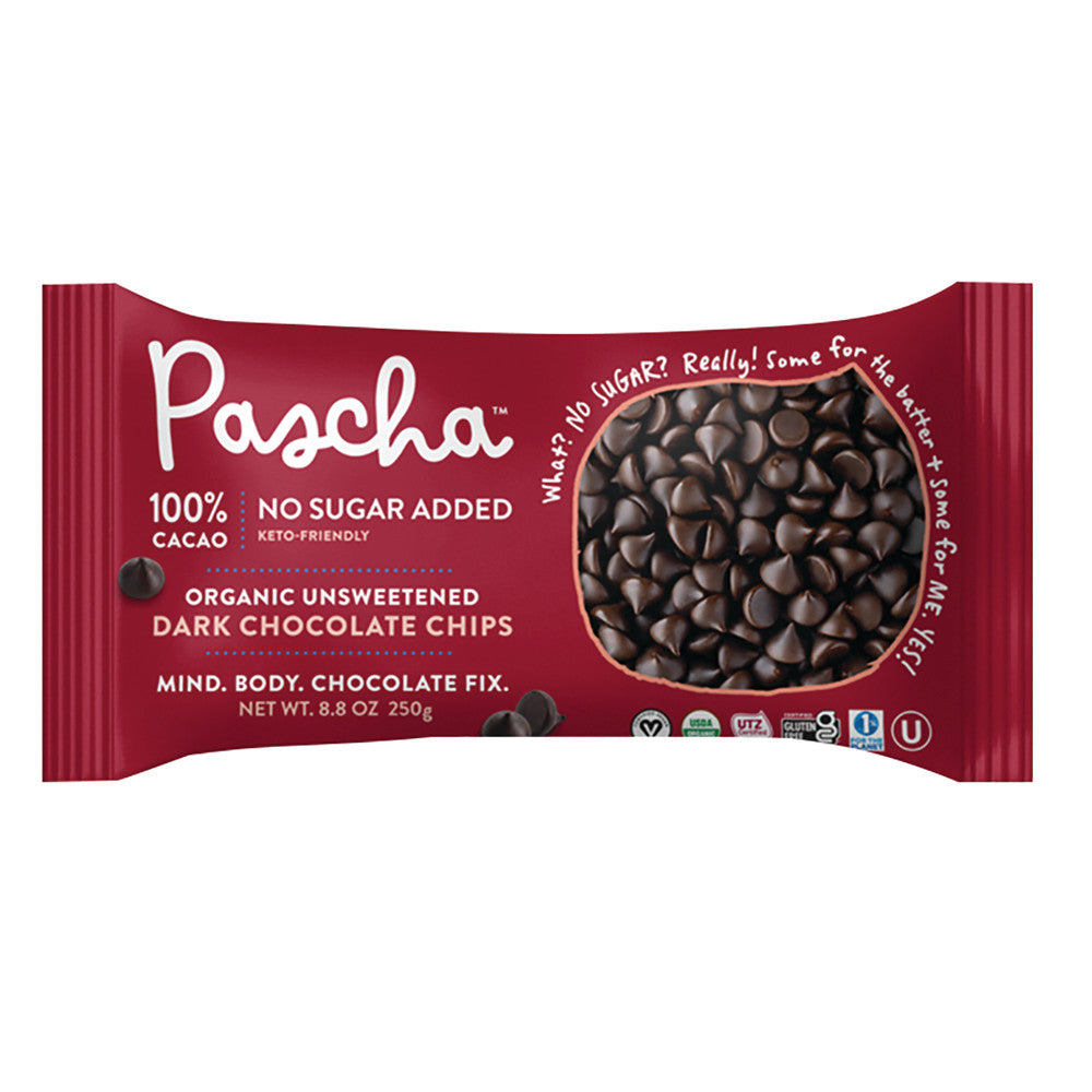 Wholesale Pascha Organic Unsweetened  Dark Chocolate Baking Chips 100% Cacao 8.8 Oz Bag Bulk