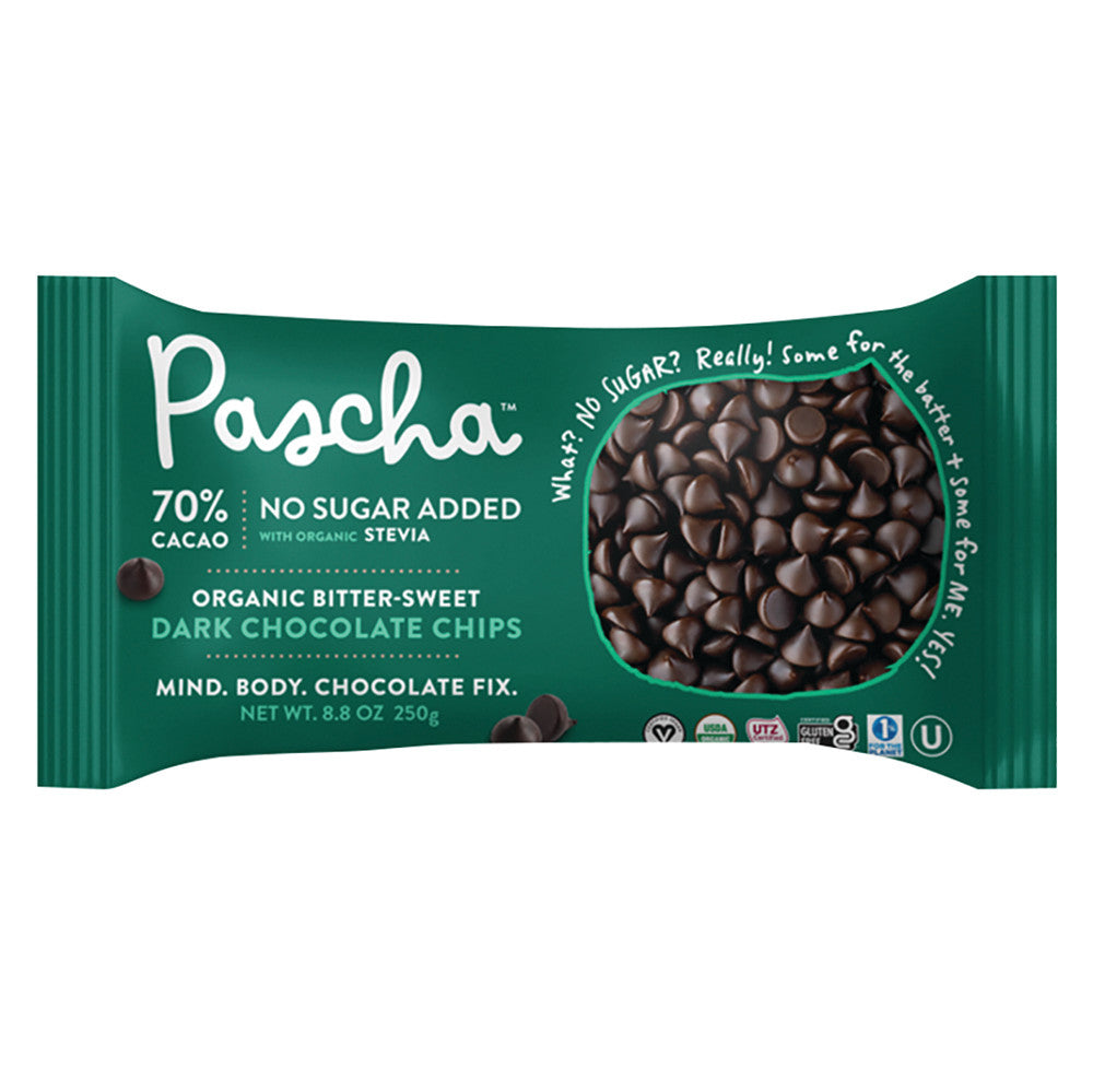 Wholesale Pascha Organic No Sugar Added Bittersweet Dark Chocolate Chips 70% Cacao With Stevia 8 Oz Bag Bulk