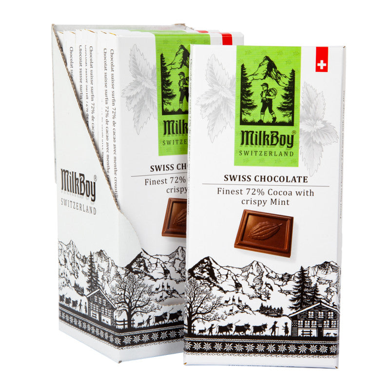 Wholesale Milkboy 72% Swiss Dark Chocolate Crispy Mint 3.5 Oz Bar Bulk