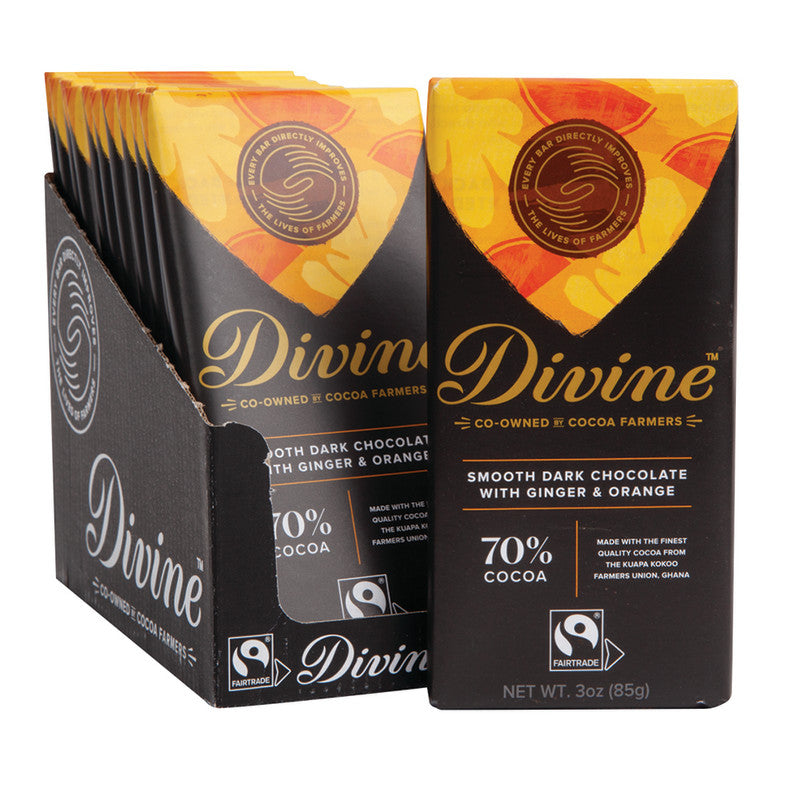 Wholesale Divine 70% Dark Chocolate With Ginger & Orange 3 Oz Bar- Bulk