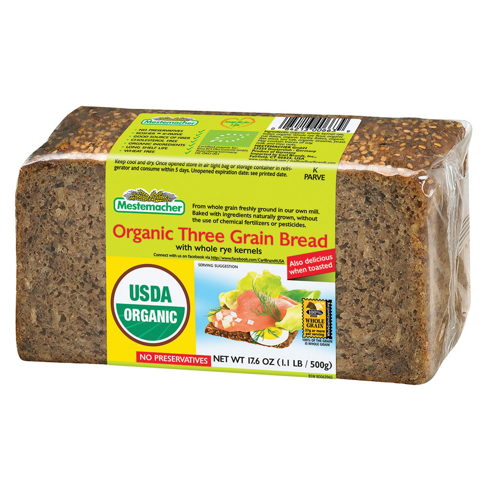 Wholesale Mestemacher Organic Three Grain Bread 17.6 Oz- Bulk