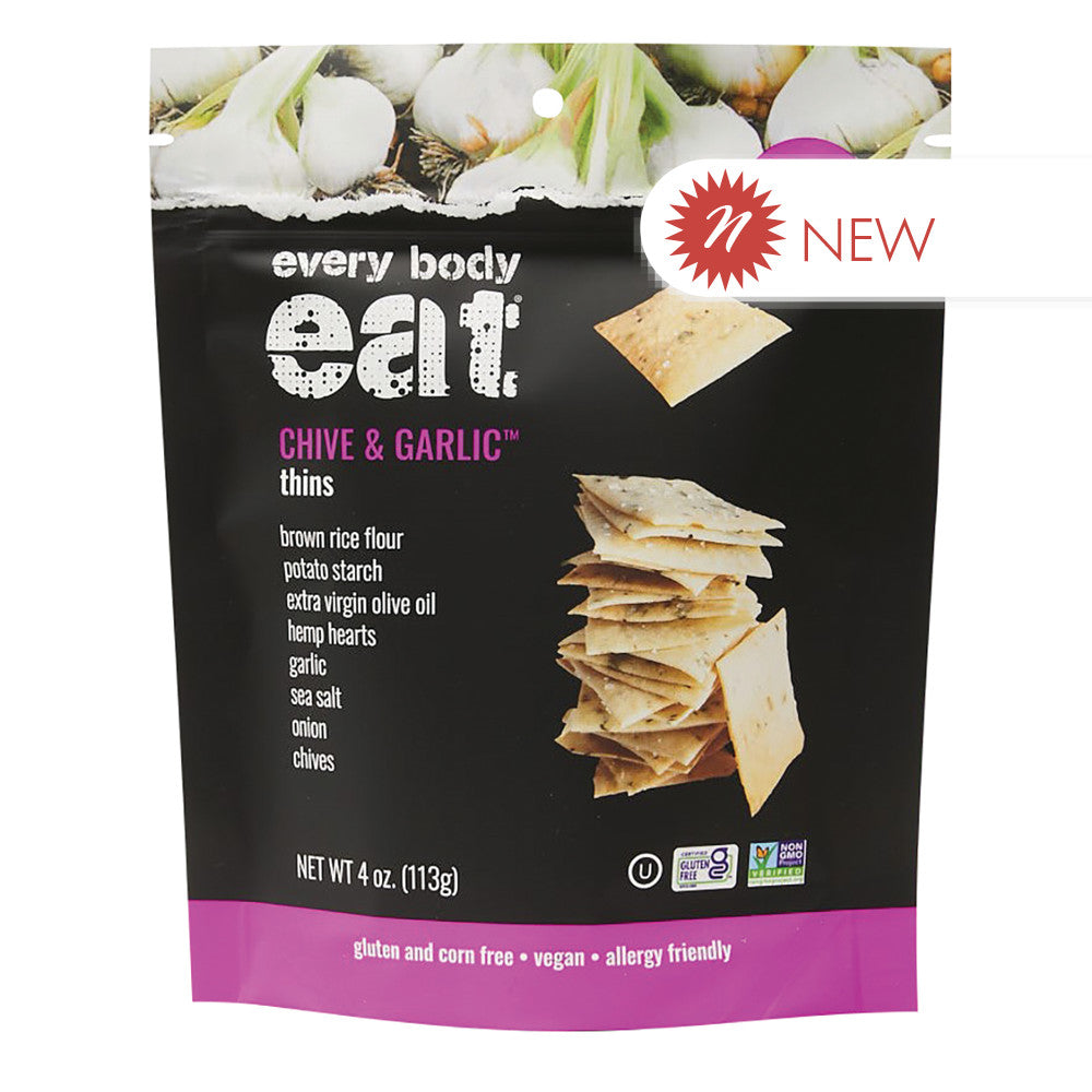 Wholesale Every Body Eat Chive & Garlic Thins 4 Oz Pouch- Bulk