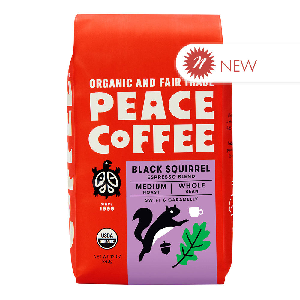 Wholesale Peace Coffee Whole Bean Black Squirrel Espresso Blend 12 Oz Pouch Bulk