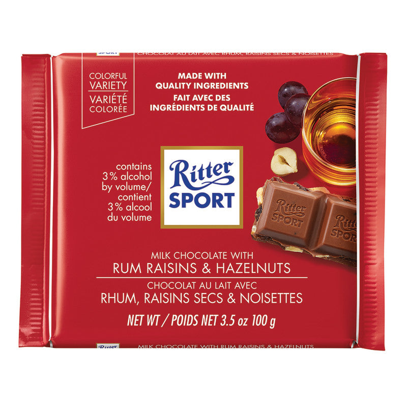 Wholesale Ritter Sport Bar Milk Chocolate With Rum Raisins & Hazelnuts 3.5 Oz Bulk
