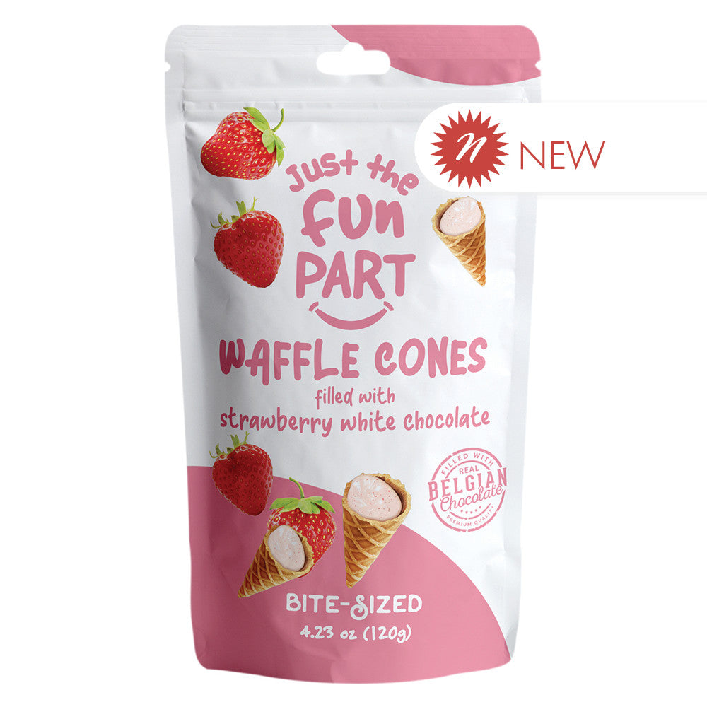 Wholesale Just The Fun Part Bite Size Waffle Cones Filled With Strawberry White Chocolate 4.23 Oz Peg Bag Bulk