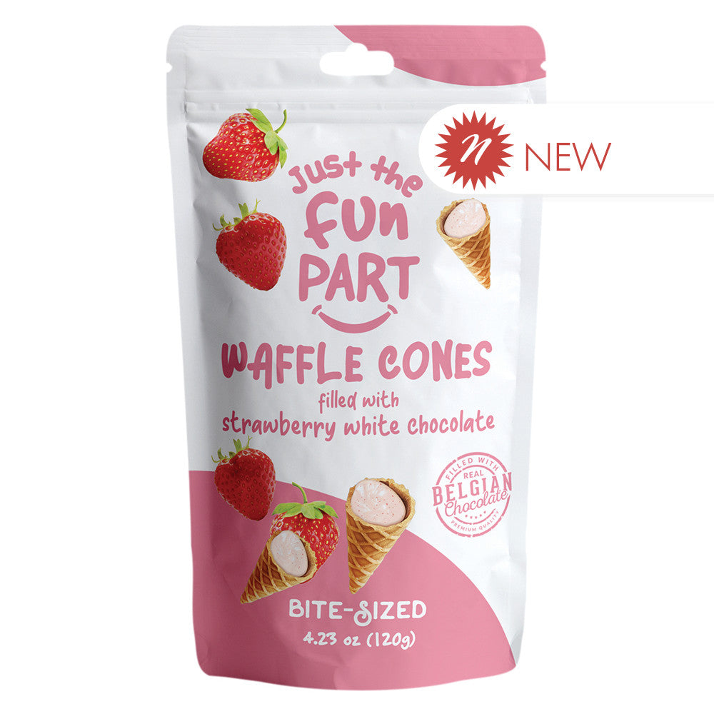 Wholesale Just The Fun Part Bite Size Waffle Cones Filled With Strawberry White Chocolate 4.23 Oz Peg Bag- Bulk