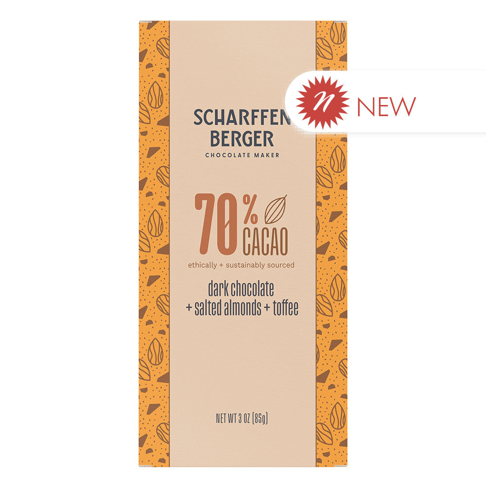 Wholesale Scharffen 70% Cacao Dark Chocolate Salted Almonds Toffee 3 Oz- Bulk