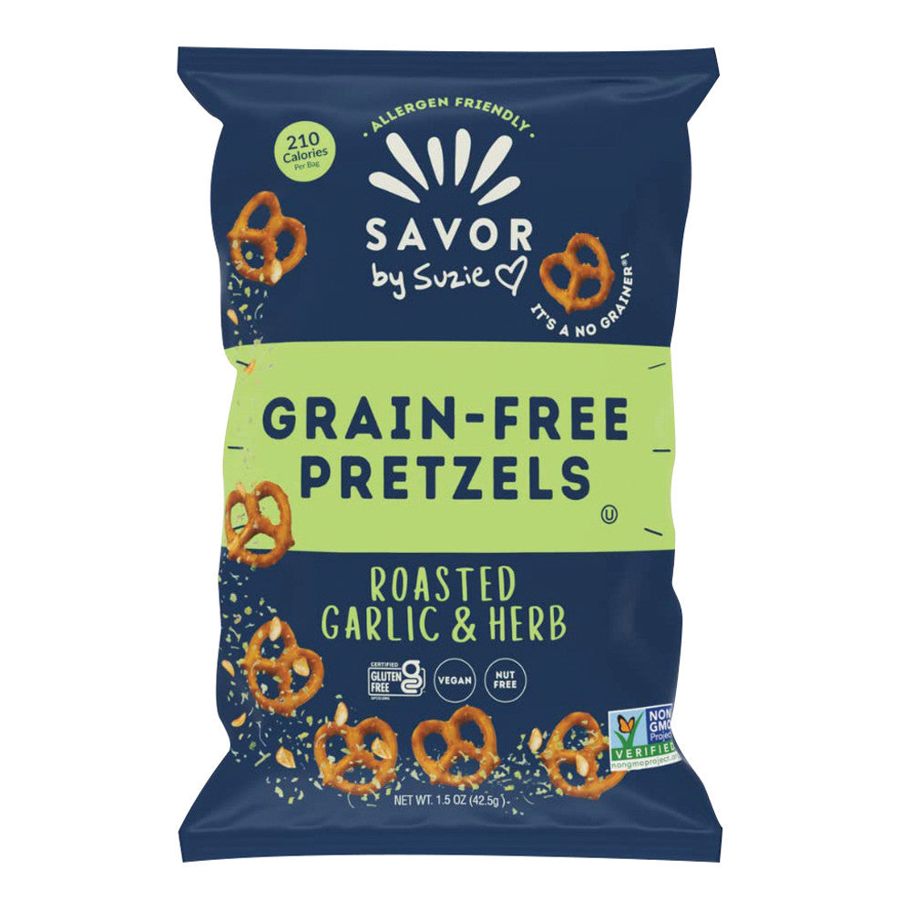 Wholesale Savor By Suzie Grain Free Roasted Garlic & Herb Pretzels 1.5 Oz Bag- Bulk